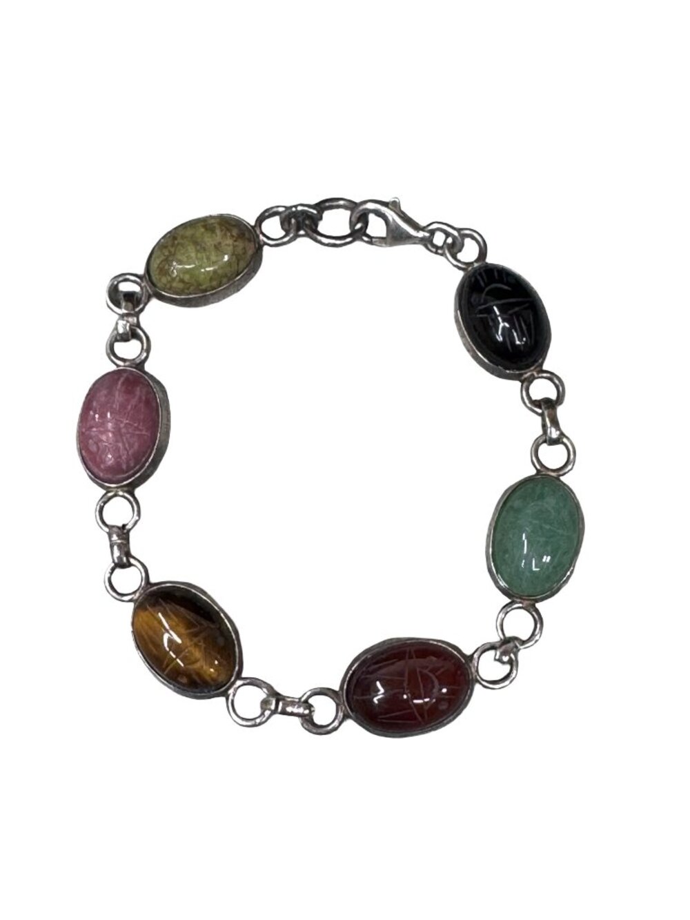 Vintage Sterling Silver Multi-Gemstone Scarab Bracelet 7” Egyptian Estate Find